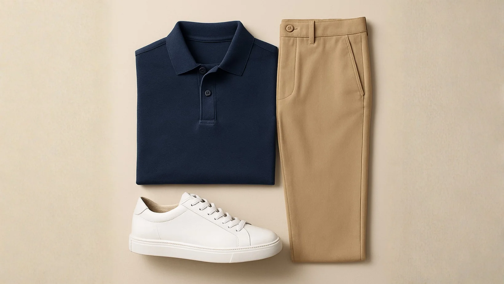 Polo piquet + chino bege + tênis de couro