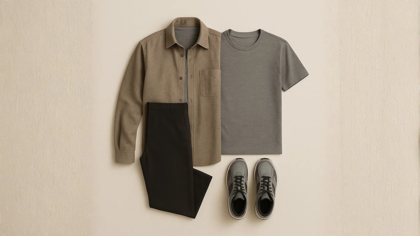 Slim fit cinza sob sobrecamisa + calça reta + tênis técnico