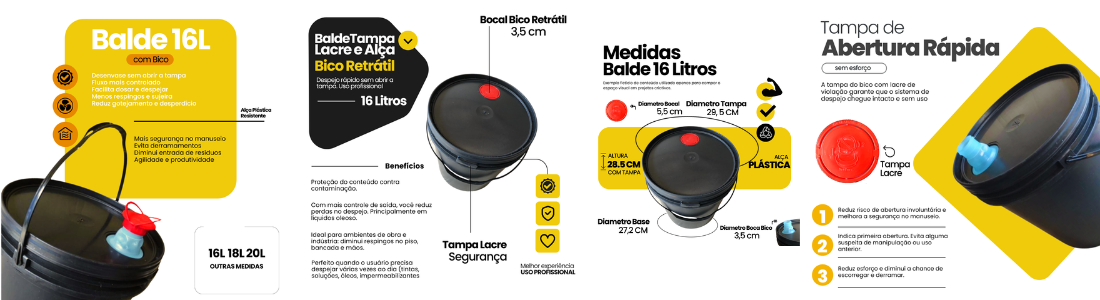 balde 16 litros com tampa lacre e bico despejo retratil