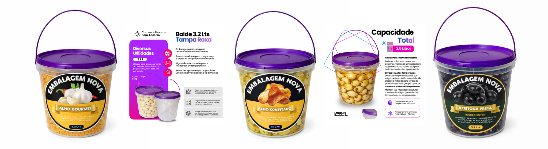 balde para alho de 3 litros transparente com tampa roxa nastripack