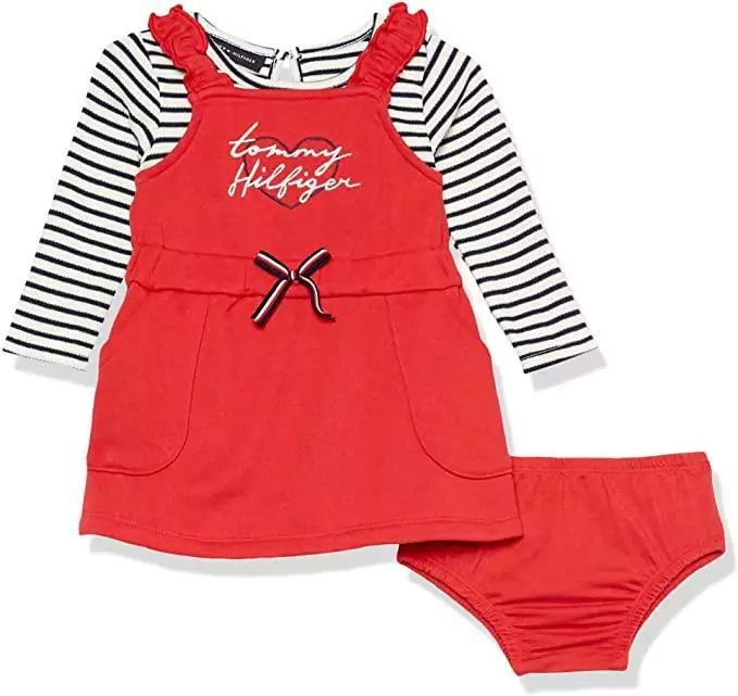 Conjunto Tommy Hilfiger Vestido Jardineira Vermelho bebe menina