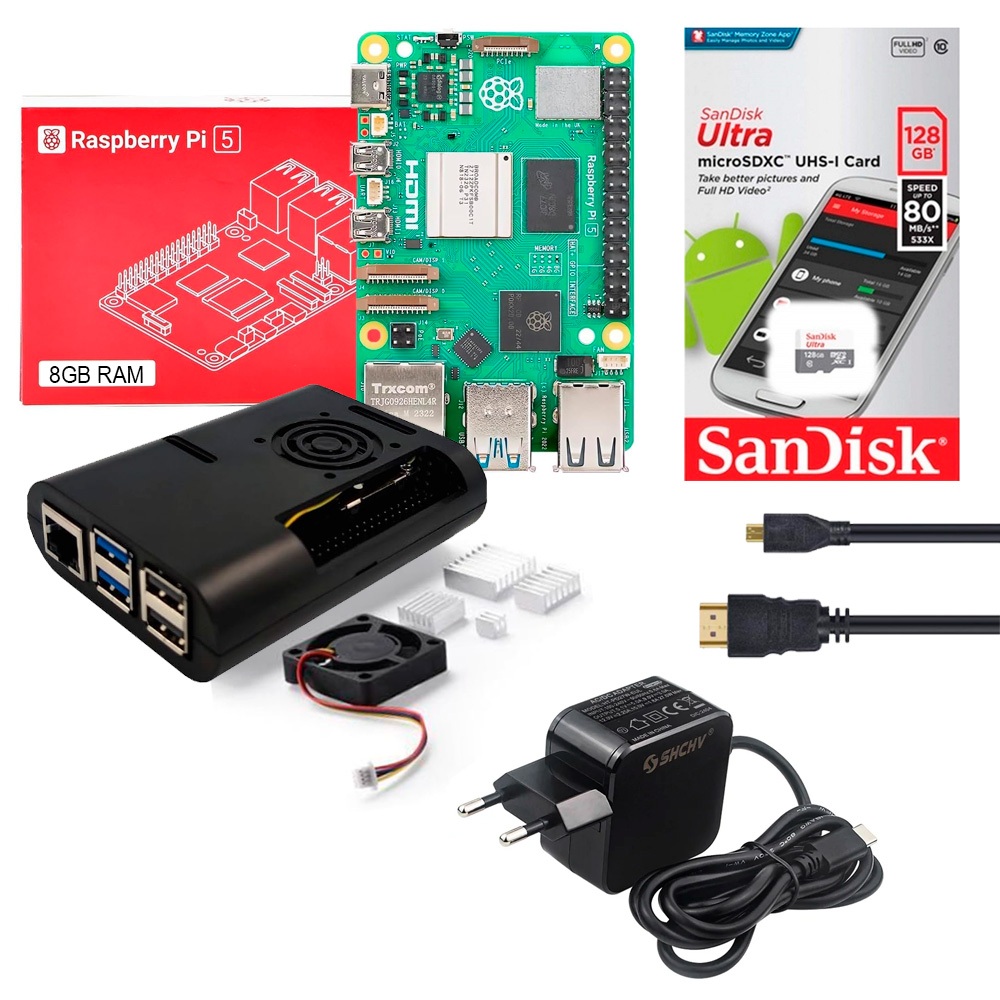 Kit Raspberry Pi 5 8GB microSD 128GB Case Cooler Dissipadores