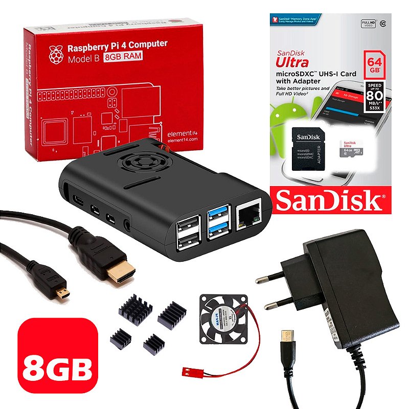 Kit Raspberry Pi 4 8GB microSD 16GB Case Cooler Dissipadores Fonte
