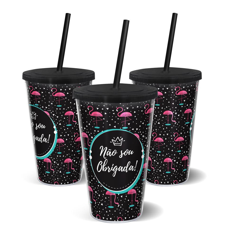 Copo Canudo Parede Dupla 500ml Não sou obrigada - Flamingo - Beek