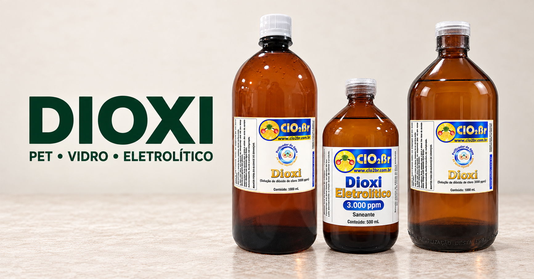 DIOXI: frascos PET, vidro e eletrolítico CLO2BR