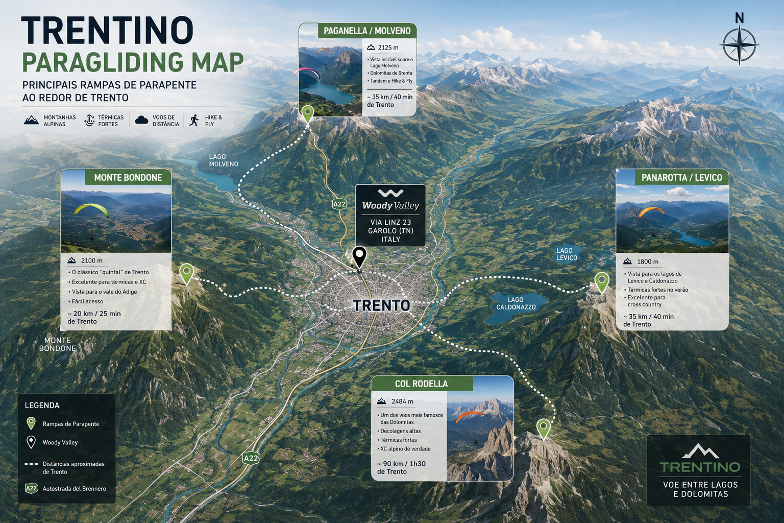 Mapa de Trento, Woody Valley e rampas de parapente na região do Trentino