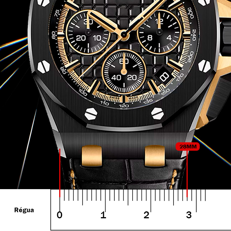 Pulseira para Relógio Compatível com Audemars Piguet Royal Oak Offshore de 28mm na Cor Preto e Costura Preto