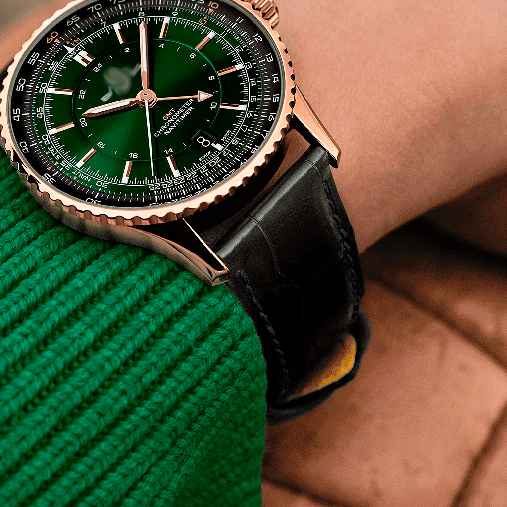 Pulseira para Relógio Compatível com Breitling Premier/ Classic AVI Em Couro Preto Encaixe 24mm/ Fecho 20mm