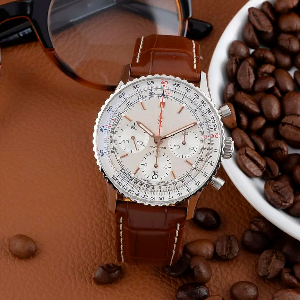 Pulseira para Relógio Compatível com Breitling Premier/ Classic AVI Em Couro Marrom Costura Branca Encaixe 22mm/ Fecho 20mm