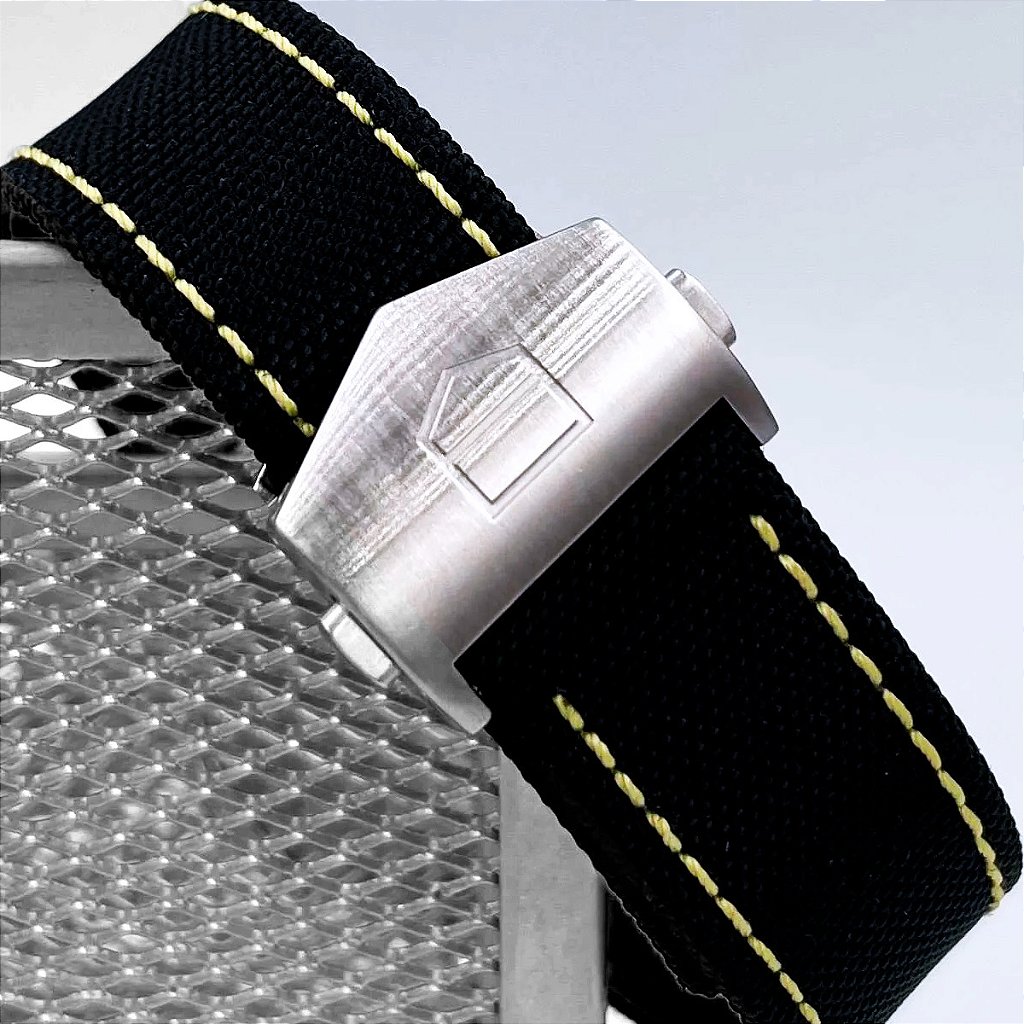 Pulseira para Relógio Compatível com Tag Heuer Nylon Preto e Costura Amarelo Encaixe 24mm/ Fivela 20mm