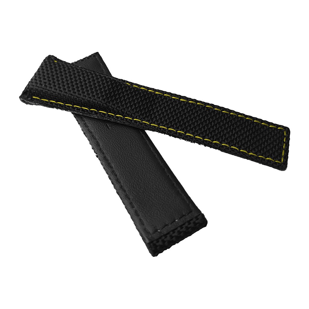 Pulseira para Relógio Compatível com Tag Heuer Nylon Preto e Costura Amarelo Encaixe 22mm/ Fivela 20mm