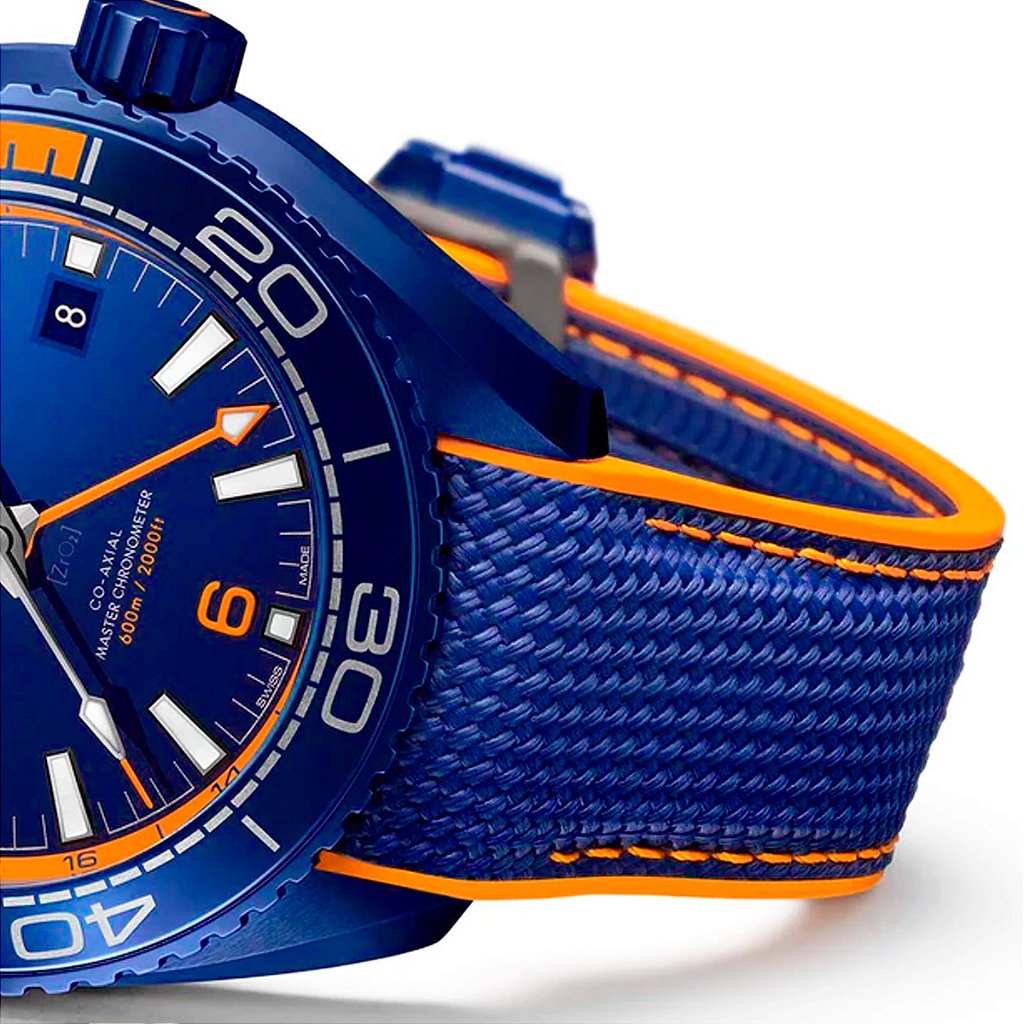 Pulseira para Relógio Compatível com Omega Seamaster Planet Ocean Azul/Laranja Borracha e Nylon Com Costura Encaixe de 22mm