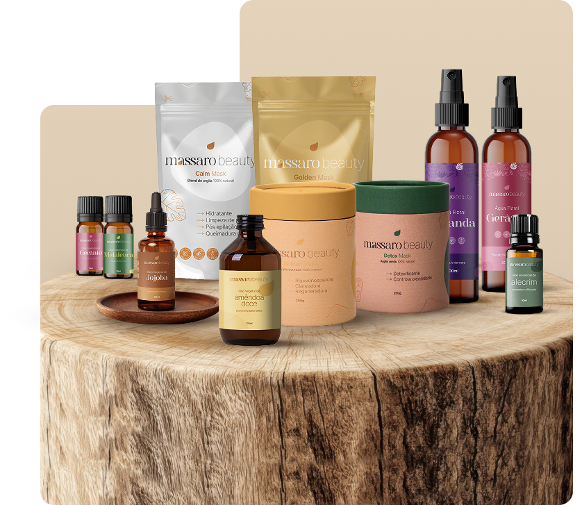 Produtos Massaro Beauty sobre tronco de madeira