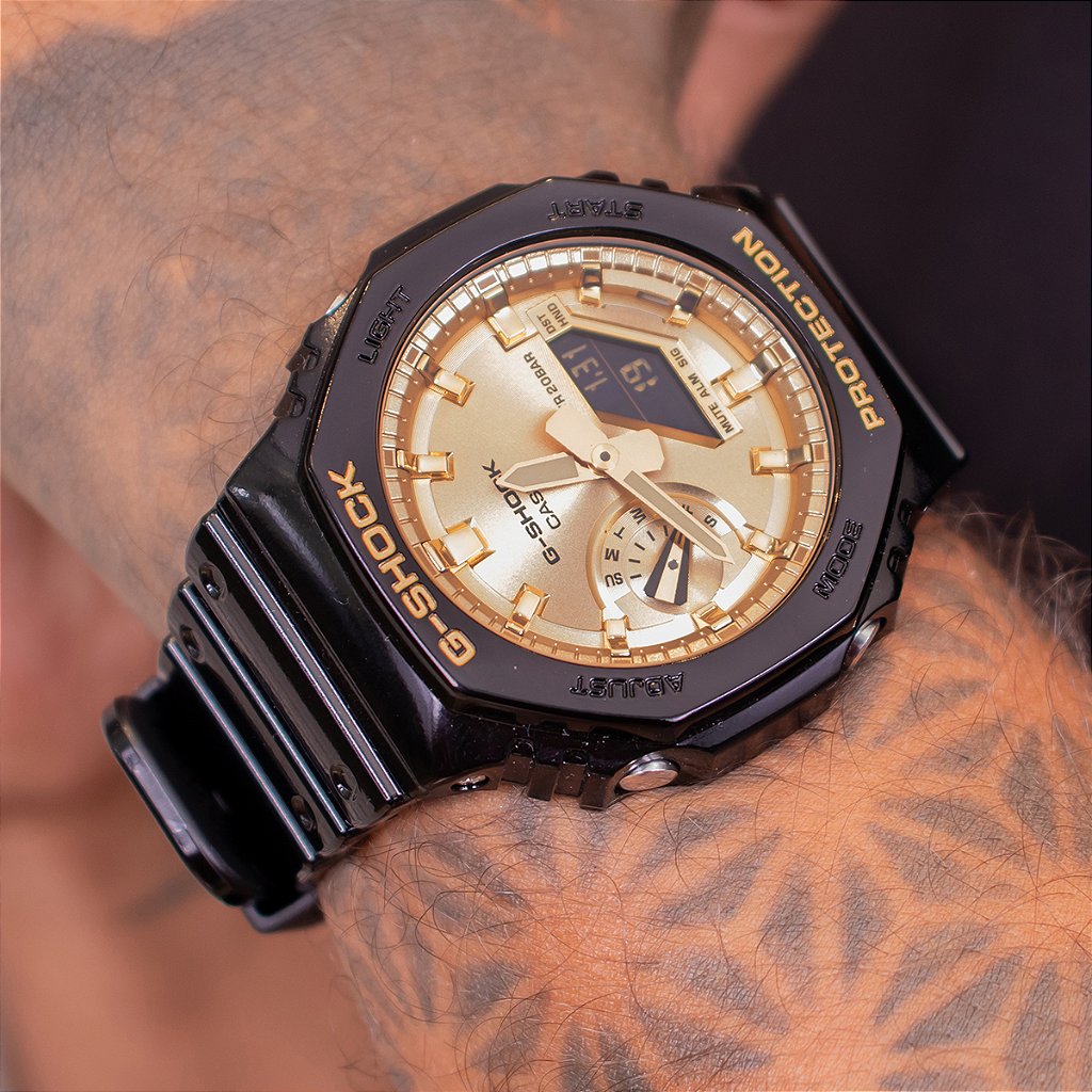 Relógio Masculino Casio G-Shock Anadigi Preto Dourado GA-2100GB