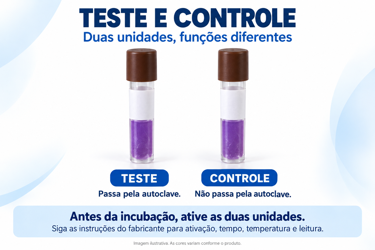 Teste e controle: somente o teste passa pela autoclave; as duas unidades devem ser ativadas antes da incubação, conforme o fabricante