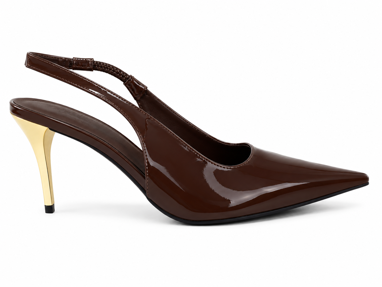 Scarpin Feminino Mônaco Café Verniz com salto dourado de aproximadamente 7 cm