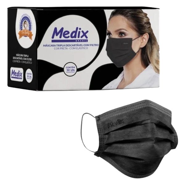 Máscara Descartável Elástico Tripla Preta - Medix - Dental