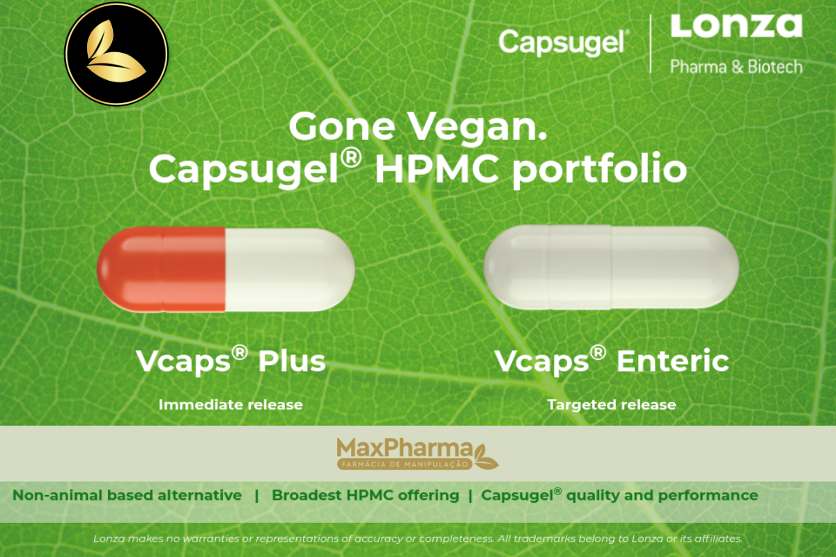 Cápsulas veganas Capsugel Vcaps Plus HPMC para manipulação de minoxidil oral na MaxPharma