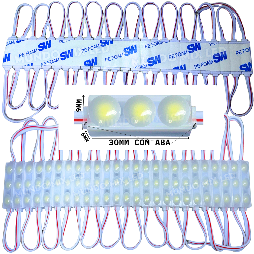UNINO　3点 Micro Módulo LED 2835 30mm 0,6W 3-LEDs Branco Frio 8000K 12V IP67