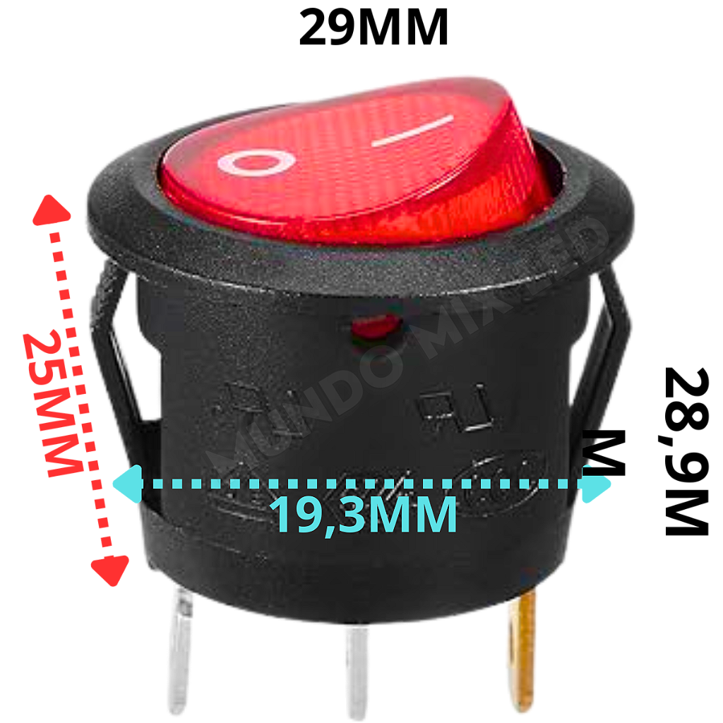 Chave Gangorra KCD1-106N Vermelha Neon Redonda On Off 3-Terminais