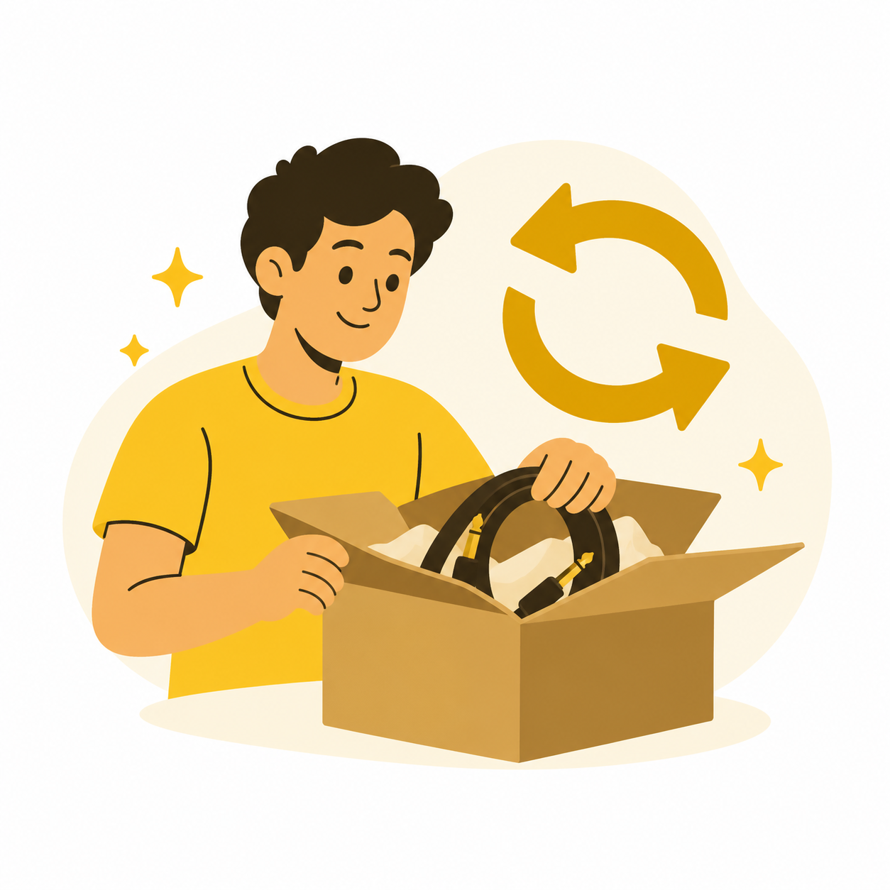 Cliente preparando uma caixa com cabo de áudio para devolução, acompanhado de setas de retorno.