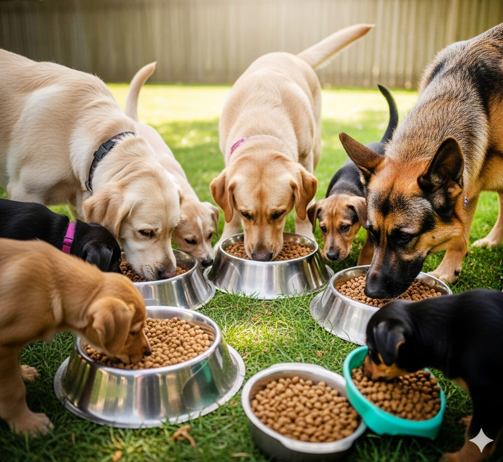cães filhotes e adultos comendo ração