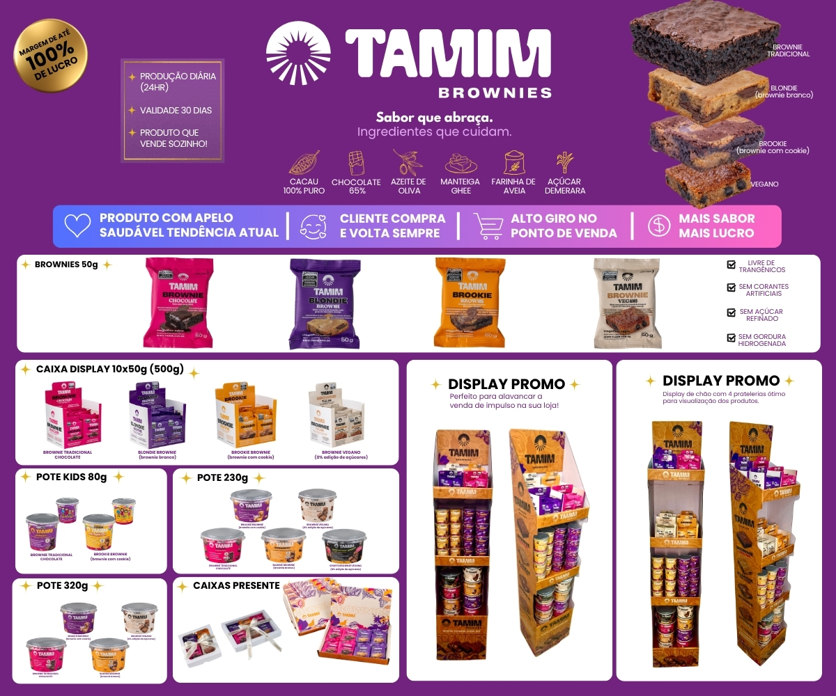 Banner oficial TAMIM Brownies - Confeitaria premium de brownie saudável artesanal, opções gourmet sem açúcar refinado e sem trigo em Santa Catarina