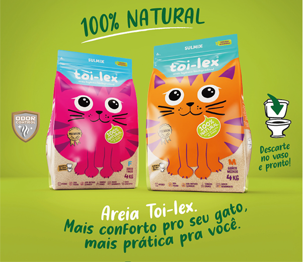 100% natural. Odor control. 2 embalagens de 4kg da areia Toi-lex. Descarte no vaso e pronto! Areia Toi-lex. Mais conforto pro seu gato, mais prática pra você.