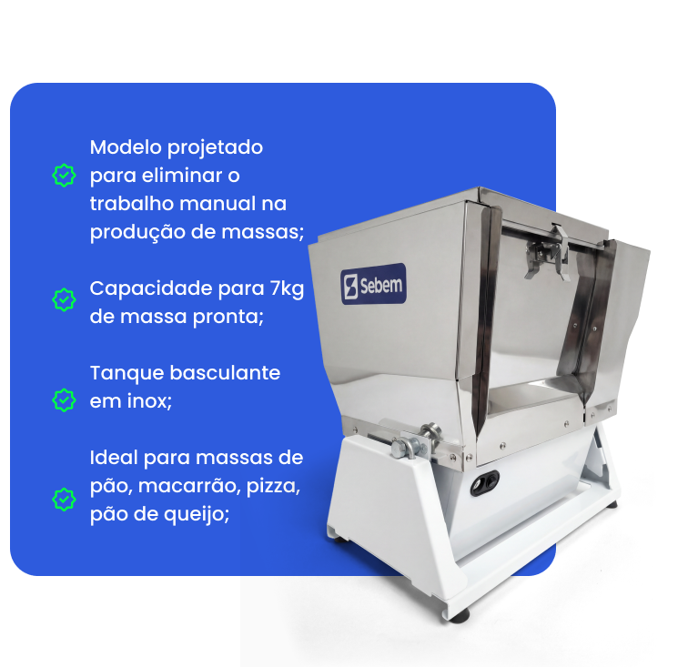 Características Amassadeira Masseira Sovador de Massa Pão Pizza 7 Kg Sebem Semi Rápida Basculante
