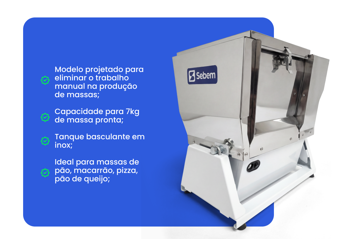 Características Amassadeira Masseira Sovador de Massa Pão Pizza 7 Kg Sebem Semi Rápida Basculante