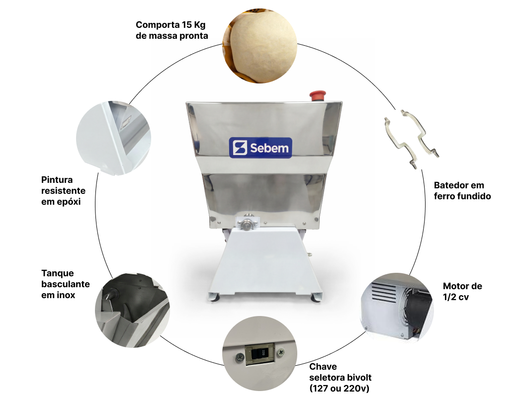 Componentes Amassadeira Masseira Sovador de Massa Pão Pizza 15 Kg Sebem Semi Rápida Basculante