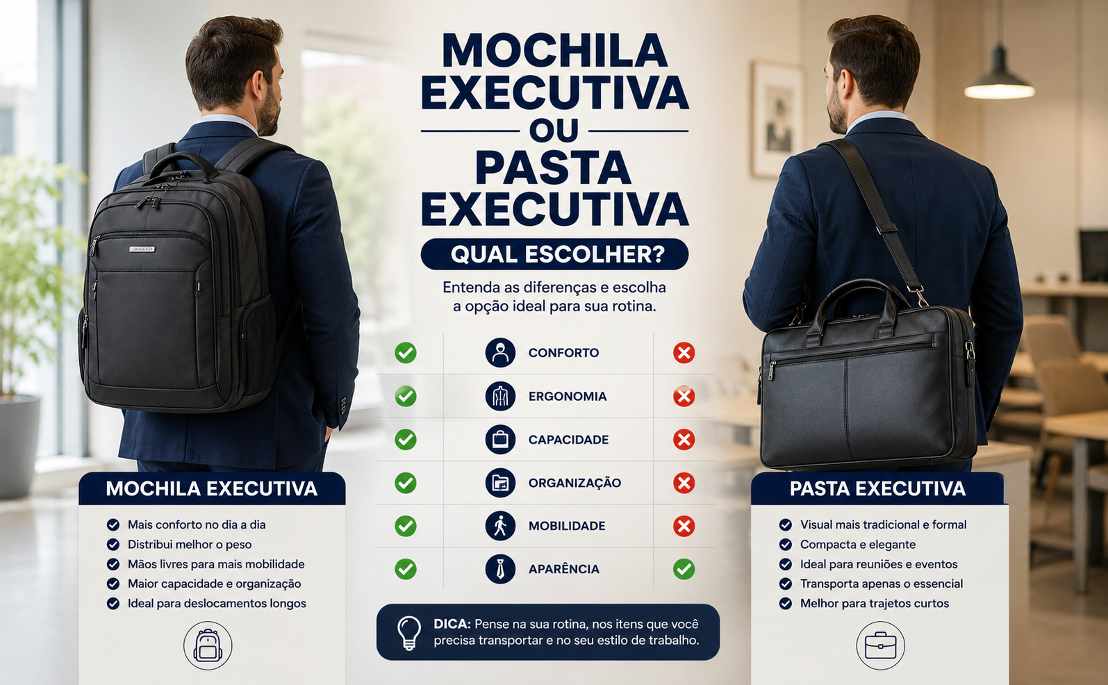 Ilustração comparando mochila executiva e pasta executiva, destacando vantagens como conforto, ergonomia, organização, capacidade e praticidade para quem utiliza notebook diariamente.