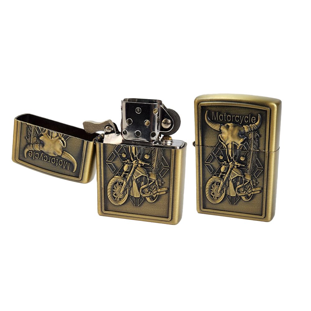 Isqueiro De Metal Jiantai Dourado - Touro/Motociclista - Zagabria