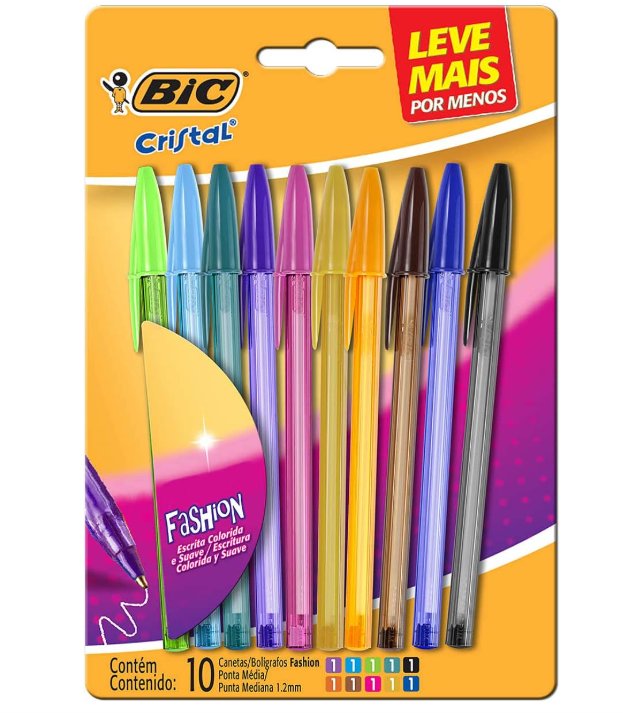 Canetas Coloridas Bic Cristal Fashion 10 Cores Vibrantes, Ponta Esferográfica Média de 1.2mm, Escrita Suave e Cores Vibrantes