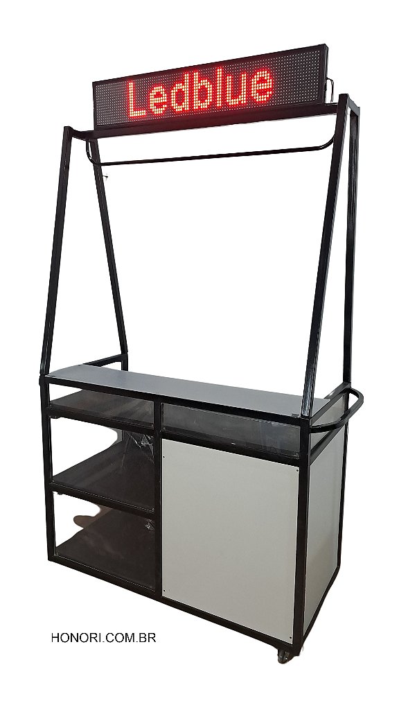 carrinho expositor em metal com display led, carrinho com vidro vitrine metal e acrilico