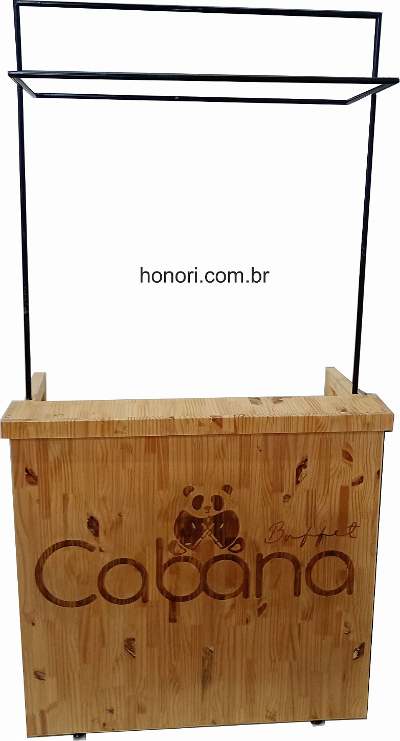 carrinho balcao gourmet em pinus com teto em metal e tecido, balcao para festas demontavel