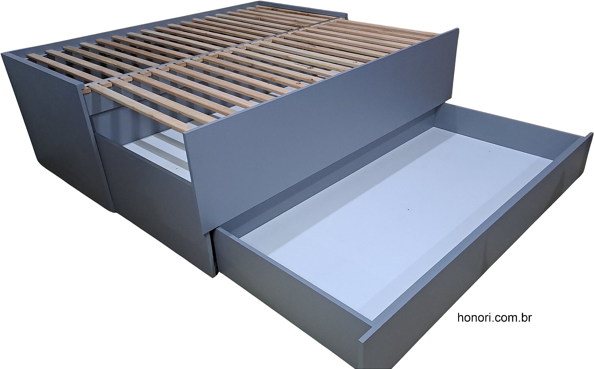 cama planejada casal com gaveta que vira cama de solteiro, cama extensivel com gaveta, cama articulada com gaveta cinza sagrado duratex