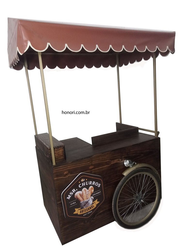 carrinho gourmet para churros crepes e comida de rua fabricado em madeira artesanal