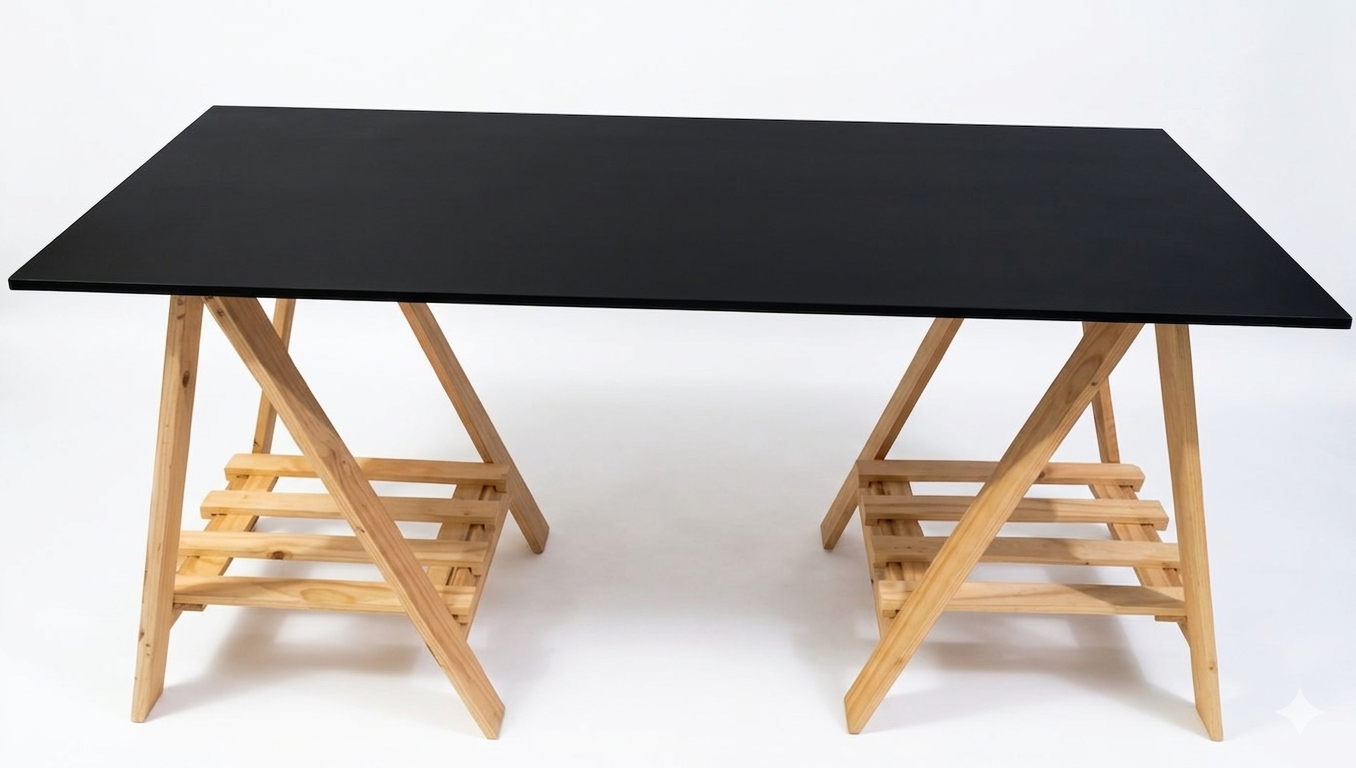 Mesa Cavalete com Pés Dobráveis e Tampo Preto - Marcenaria Honori