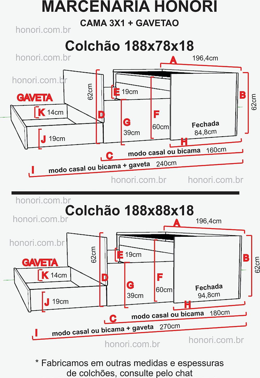Medida da cama de solteiro com gavetão 3 em 1 Marcenaria Honori