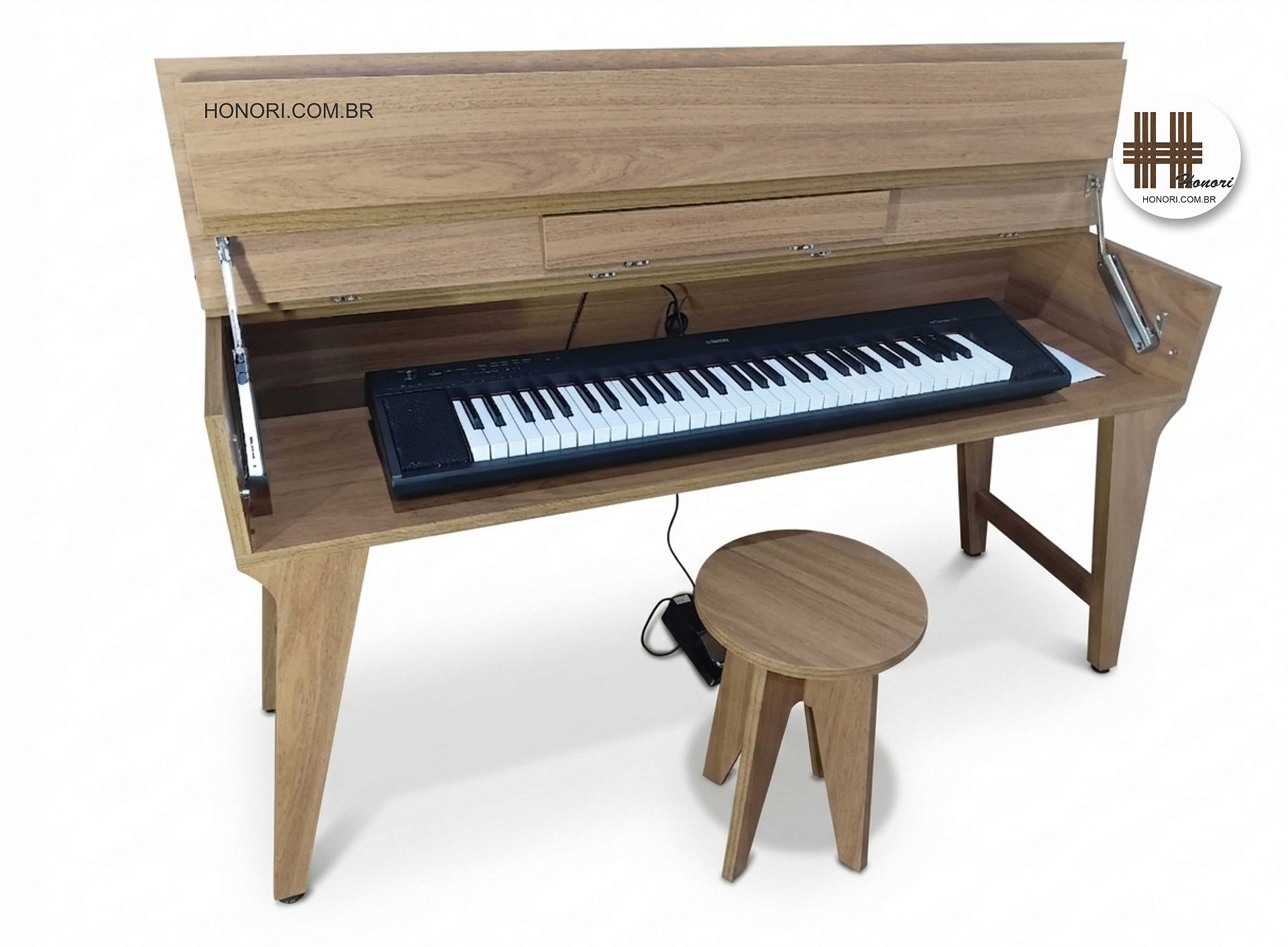 Detalhe do suporte para piano digital Andrea — acabamento e qualidade Marcenaria Honori