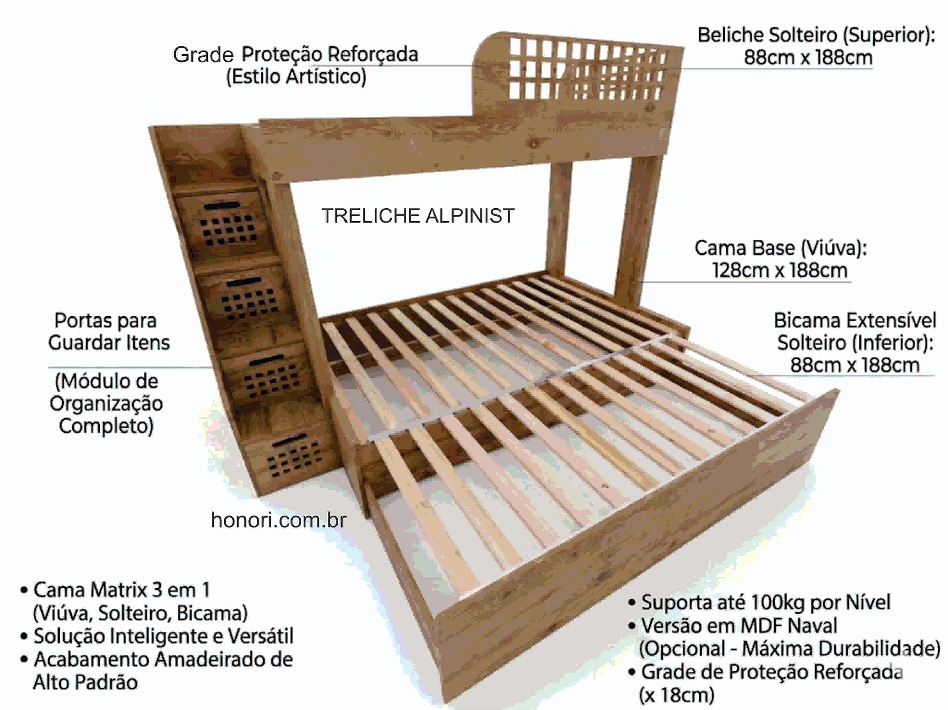 Cama treliche extensível Marcenaria Honori detalhes técnicos