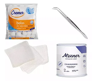 Kit Curativo Pinça Clínica + Algodão Bola + Gaze Estéril + Fita Microporosa