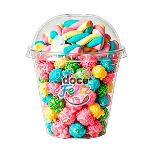 Copo pipoca colorida tampa bolha + marshmallow