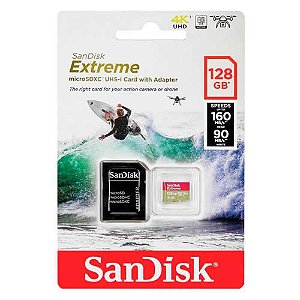 Cartão de Memória Sandisk Extreme 128GB Micro SD SD SDXC UHS-I U3 Action Cam C/ Adaptador - SDSQXAA-128G-GN6MA