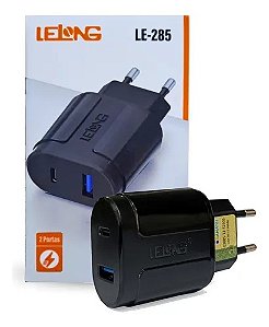 Carregador Turbo Lelong LE‑285 – USB + USB-C, 5.1A, Bivolt