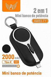 Mini Carregador portatíl Power Bank Altomex AW83-TY – 2000mAh Tipo-C com Porta-Chaves (chaveiro)| 2 em 1