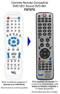Controle Remoto Compatível DVD VEC Sound DVD-681 FBT870