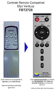 Controle Remoto Compatível p/ EFYX VENTILADOR LUZ FBT2728