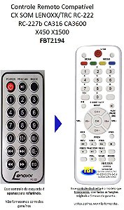 Controle Compatível Com LENOXX CAIXA DE SOM RC-222 FBT2194